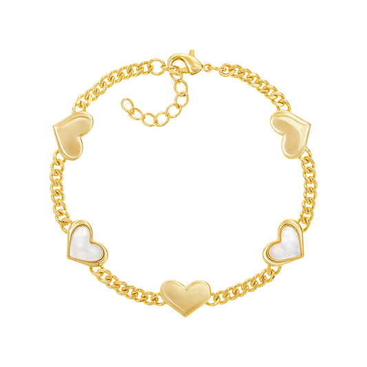 Cuban Chain Alternating Gold Heart Bracelet