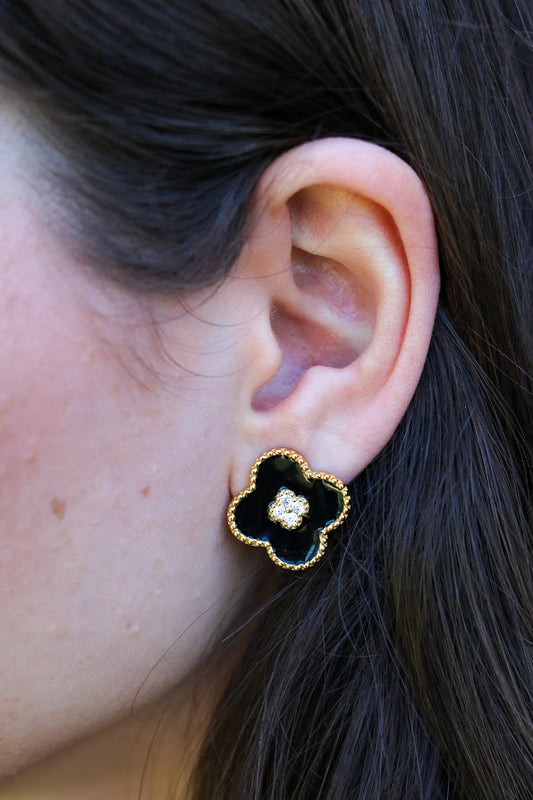 Black Enamel Clover Stud Earrings