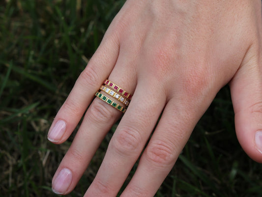 Thin Squared Detailed Stone Ring
