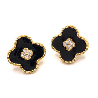 Black Enamel Clover Stud Earrings