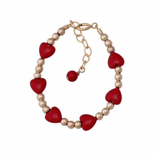 Full Strung Gold Ball and Red Hearts Bracelet